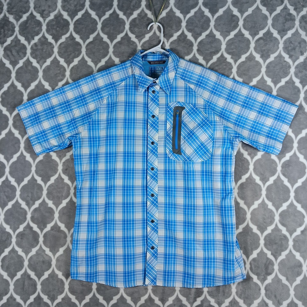 Blacktip Fishing Shirt Men L Blue Plaid Nice Catch Button Up Short Sleeve Vented